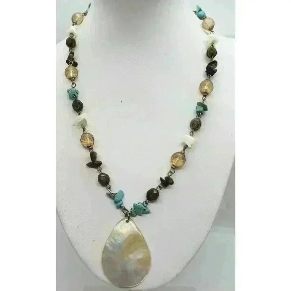 Necklace Multi Gemstone Mother Of Pearl Pendant Turquoise Tigers Eye Quartz - Picture 1 of 5